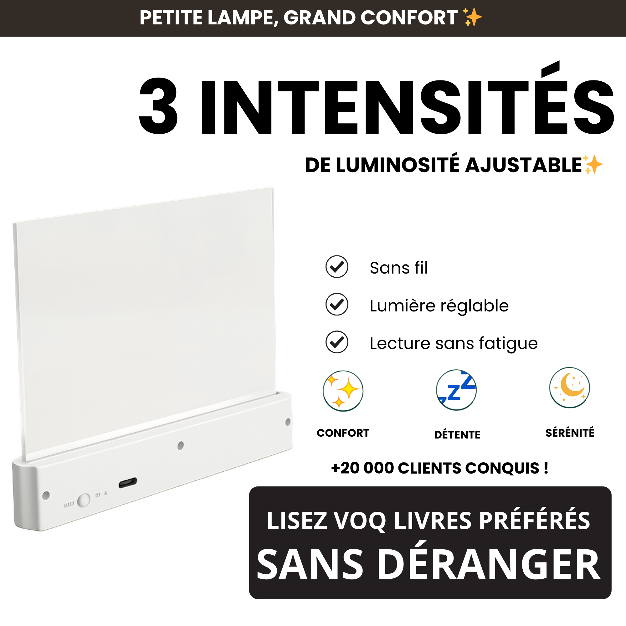 Lampe de lecture nocturne adaptée au sommeil - BLANC